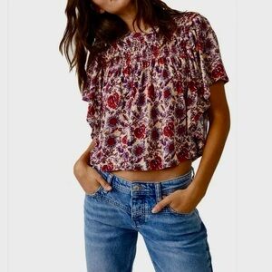 Free People Smocked Floral Boho Crop Top Cream Red Purple Size M